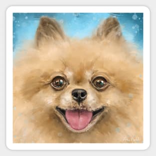 Painting of a Smiling Pomeranian Dog with Golden Fur on Blue Background Sticker